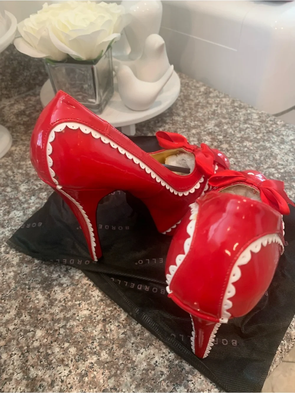 Pleaser Red Patent Platform Pumps with White Scallop Trim and Bow